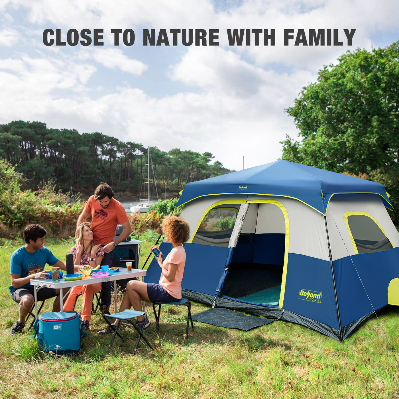 BeyondHOME Instant Cabin Tent, 8/10 Person Camping Tent with Rainfly-Navy Blue
