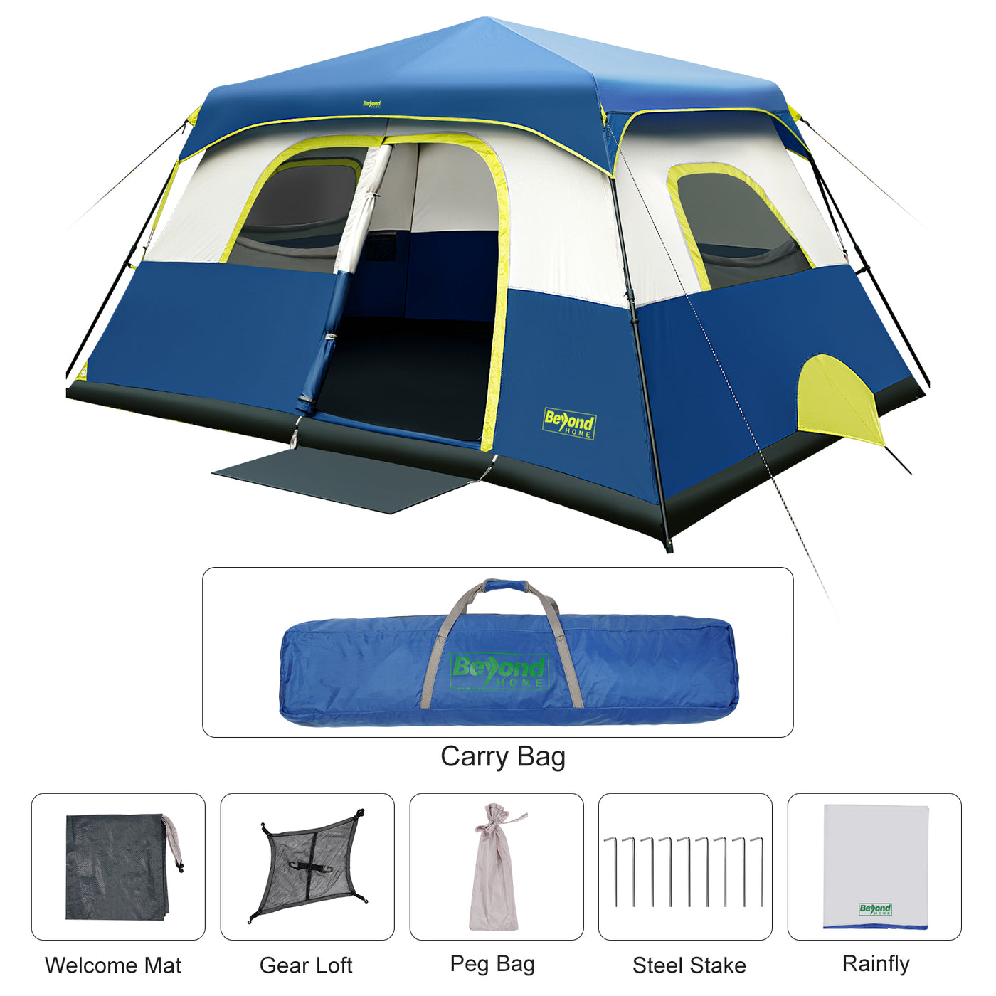 BeyondHOME Instant Cabin Tent, 8/10 Person Camping Tent with Rainfly-Navy Blue