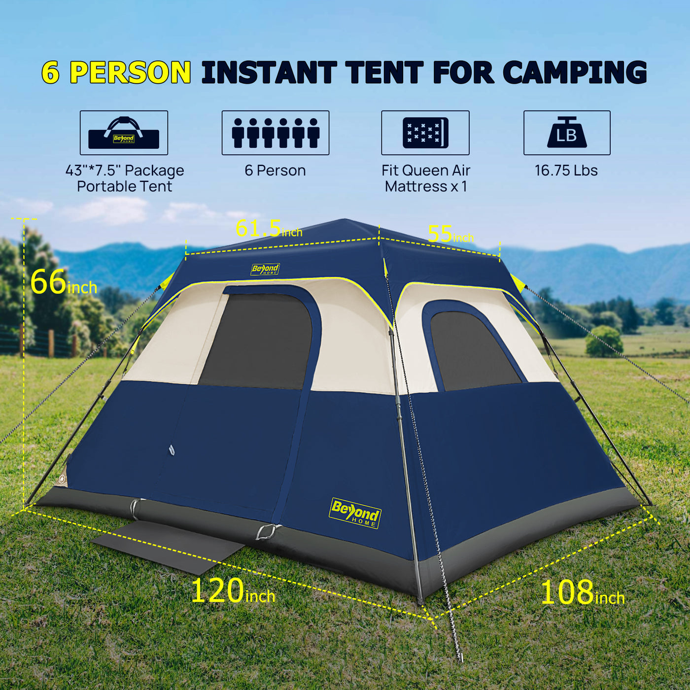 BeyondHOME Instant Cabin 6 Person Camping Tent-Sky Blue