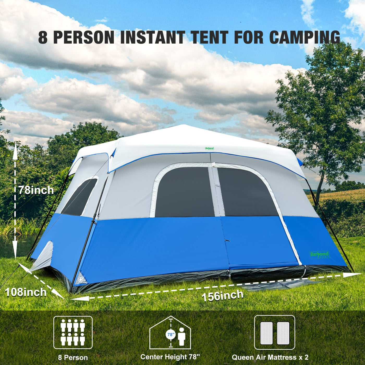 BeyondHOME Instant Cabin Tent, 8/10 Person Camping Tent with Rainfly- DoderBlue