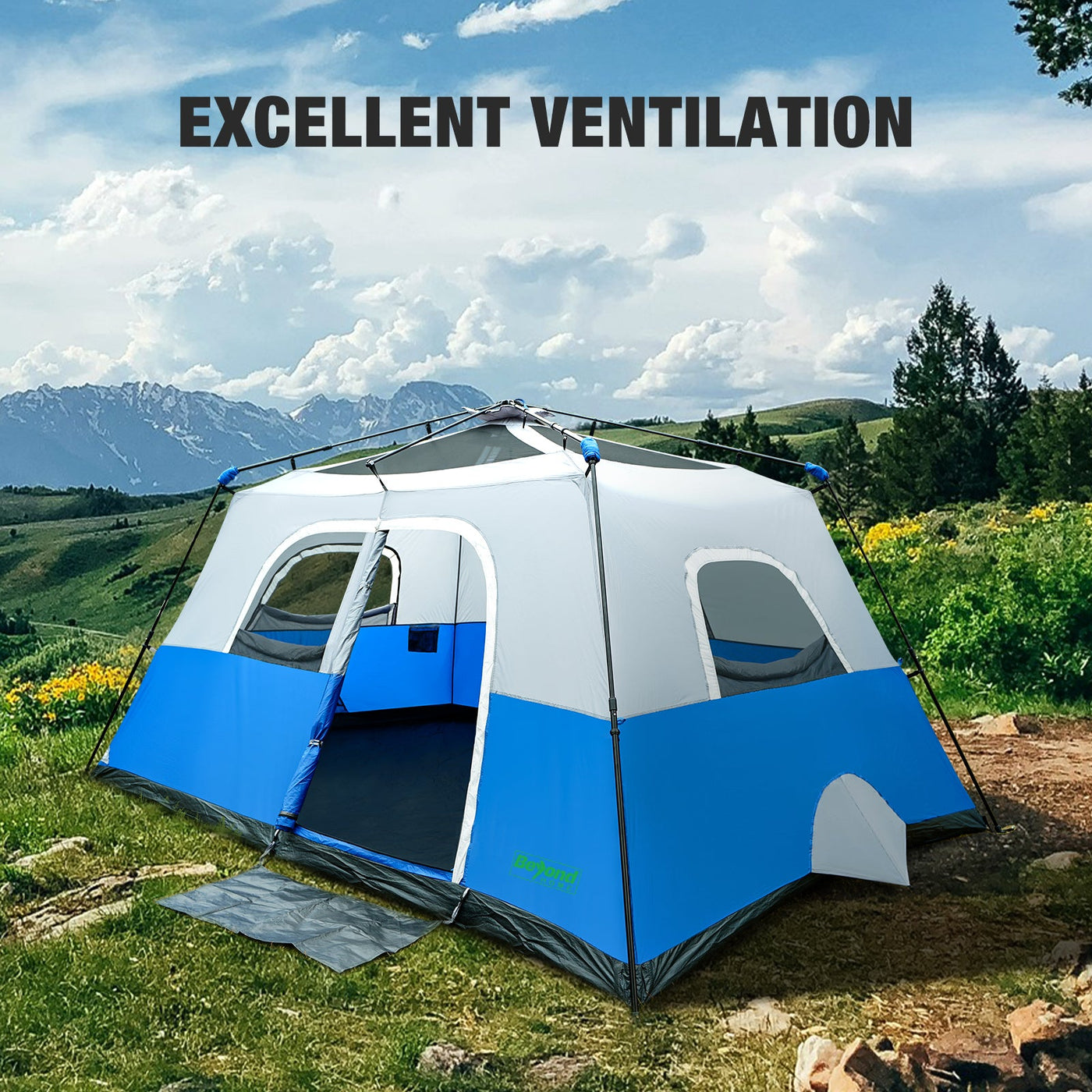 BeyondHOME Instant Cabin Tent, 8/10 Person Camping Tent with Rainfly- DoderBlue