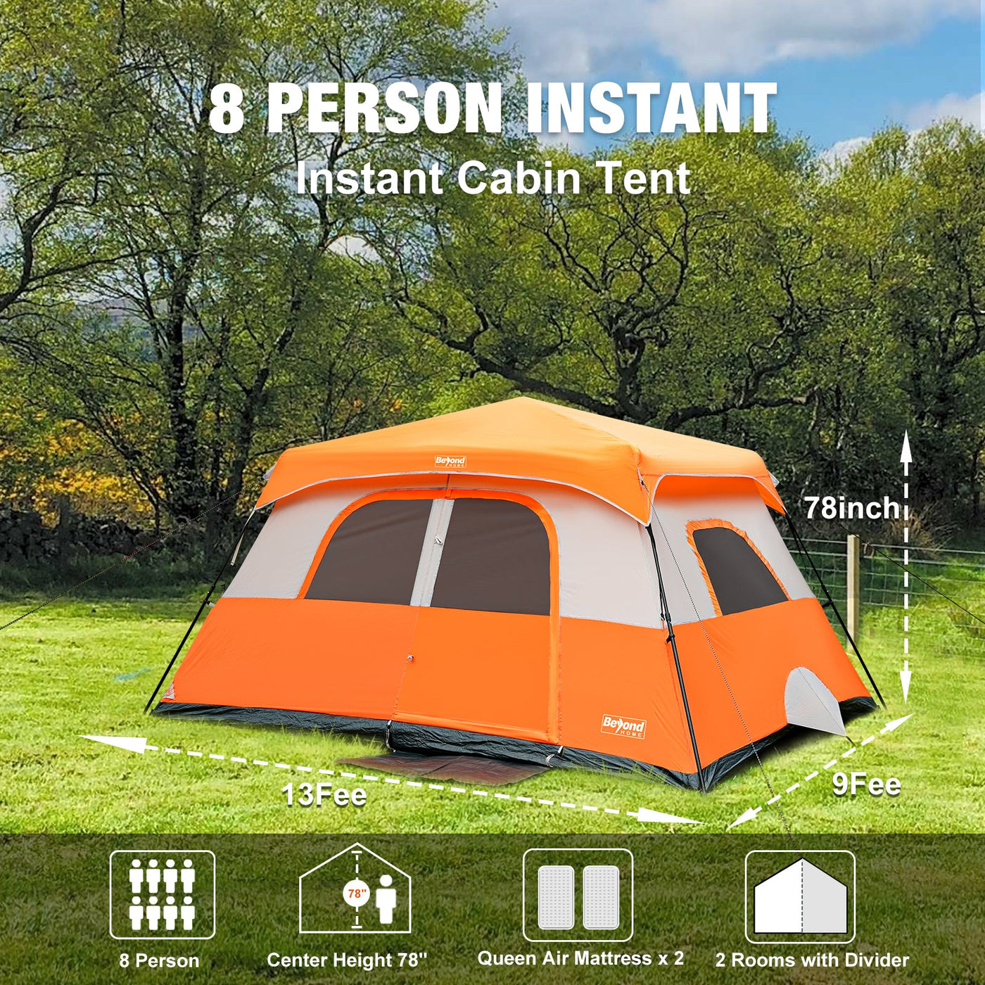 BeyondHOME Instant Cabin Tent, 8/10 Person Camping Tent with Rainfly- DoderBlue